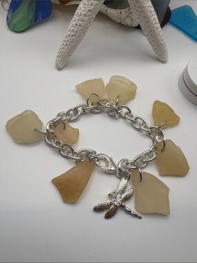 Sea Glass Dragonfly Charm Bracelet - Cream/Tan
